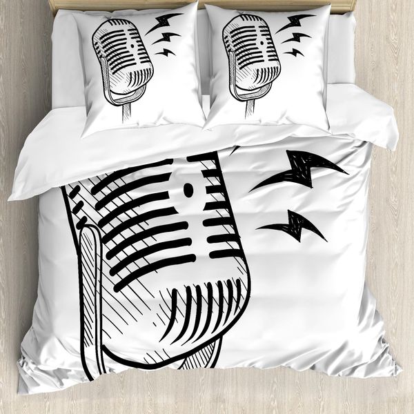 Abakuhaus Copripiumino Hipster, Microfono Radio Retrò, Antiacaro, Adatto A Chi Soffre Di Allergie, Con Federe, 155 Cm X 220 Cm - 80 X 80 Cm, Bianco E Nero-image