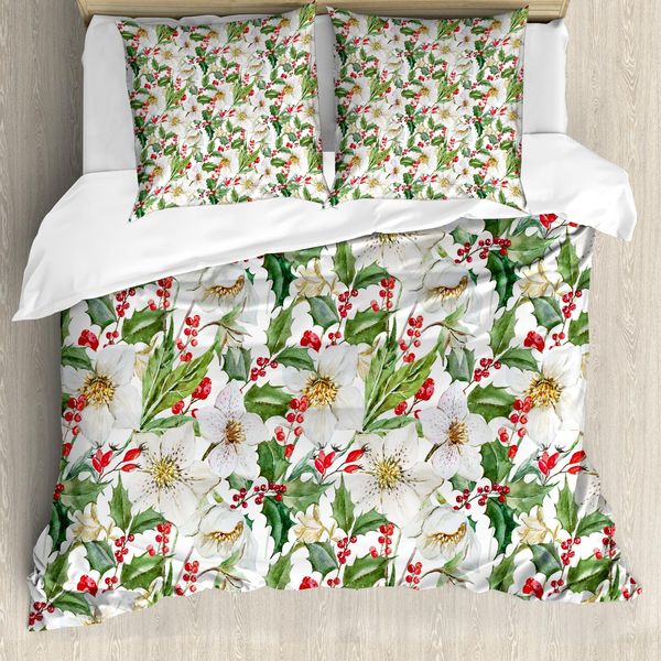 Abakuhaus Copripiumino Acquerello, Motivo Poinsettia, Antiacaro, Adatto A Chi Soffre Di Allergie, Con Federe, 155 Cm X 220 Cm - 80 X 80 Cm, Vermiglio, Verde, Giallo-image