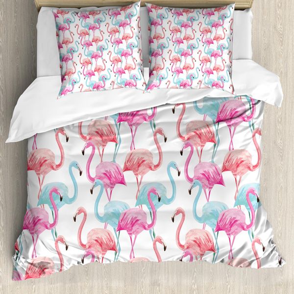 Abakuhaus Copripiumino Acquerello, Fenicotteri Delle Hawaii, Antiacaro, Adatto A Chi Soffre Di Allergie, Con Federe, 200 Cm X 200 Cm - 80 X 80 Cm, Azzurro Baby Rosa Salmone-image