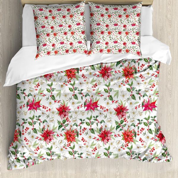 Abakuhaus Copripiumino Acquerello, Poinsettia Rowan, Antiacaro, Adatto A Chi Soffre Di Allergie, Con Federe, 155 Cm X 220 Cm - 80 X 80 Cm, Verde Vermiglio Magenta-image