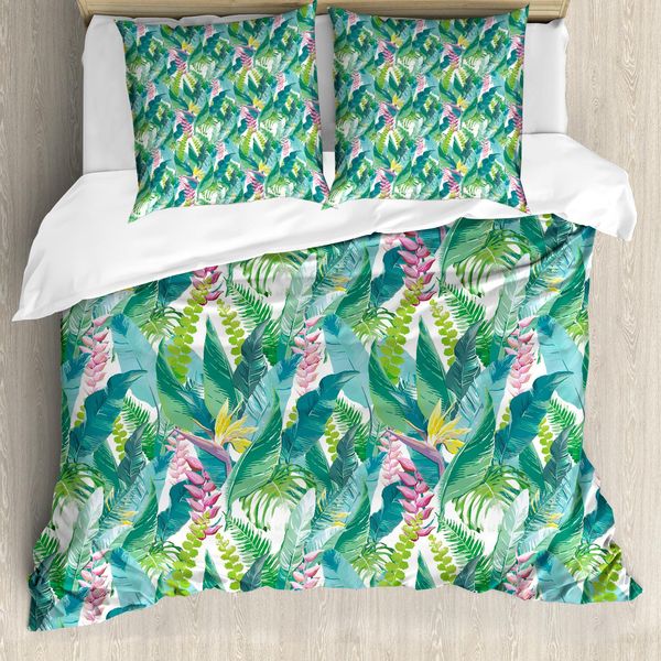 Abakuhaus Copripiumino Acquerello, Giungla Esotica Hawaii, Antiacaro, Adatto A Chi Soffre Di Allergie, Con Federe, 155 Cm X 220 Cm - 80 X 80 Cm, Verde, Rosa, Bianco-image