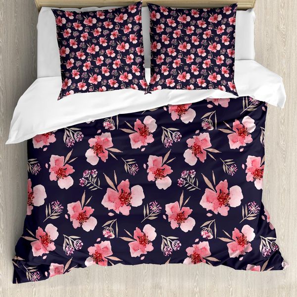 Abakuhaus Copripiumino Acquerello, Rosa Garten Flora, Antiacaro, Adatto A Chi Soffre Di Allergie, Con Federe, 200 Cm X 200 Cm - 80 X 80 Cm, Blu Navy Corallo-image