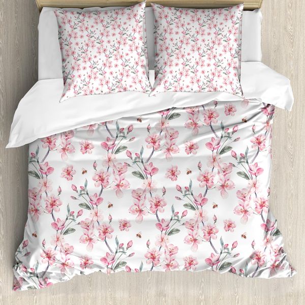 Abakuhaus Set Copripiumino Per Letti Matrimoniali, Sakura-Kirschgarten, Antiacaro, Adatto A Chi Soffre Di Allergie, Con Federe, Verde Reseda, Rosa Chiaro, Bianco-image