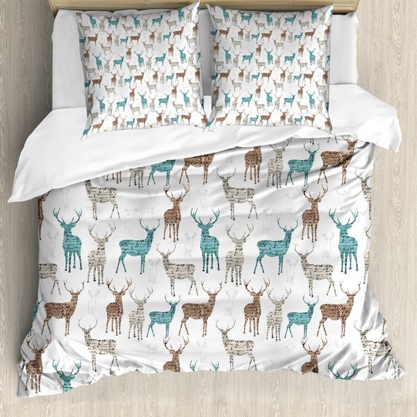 Abakuhaus Copripiumino Hirsch, Alt Text Animali Natale, Antiacaro, Adatto A Chi Soffre Di Allergie, Con Federe, 200 Cm X 200 Cm - 80 X 80 Cm, Turchese-Marrone-Beige-image