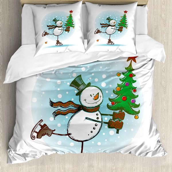 Abakuhaus Copripiumino Schneemann, Skating Xmas Tree Schnee, Antiacaro, Adatto A Chi Soffre Di Allergie, Con Federe, 155 Cm X 220 Cm - 80 X 80 Cm, Multicolore-image