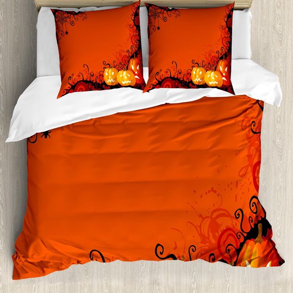 Abakuhaus Copripiumino Ragnatela, Zucche Di Halloween, Antiacaro, Adatto A Chi Soffre Di Allergie, Con Federe, 155 Cm X 220 Cm - 80 X 80 Cm, Arancione Calendula Nero-image
