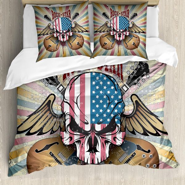 Abakuhaus Copripiumino Chitarra, Teschi Arrabbiati Bandiera Americana, Antiacaro, Adatto A Chi Soffre Di Allergie, Con Federe, 155 Cm X 220 Cm - 80 X 80 Cm, Multicolore-image