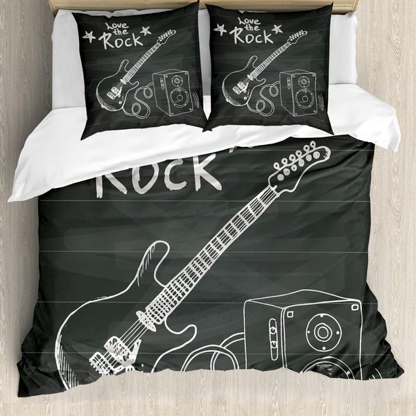 Abakuhaus Copripiumino Chitarra, Amore Per La Musica Rock Sketch, Antiacaro, Adatto A Chi Soffre Di Allergie, Con Federe, 155 Cm X 220 Cm - 80 X 80 Cm, Grigio Antracite Bianco-image
