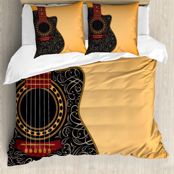 Abakuhaus Copripiumino Chitarra, Motivo Floreale Folk, Antiacaro, Adatto A Chi Soffre Di Allergie, Con Federe, 200 Cm X 200 Cm - 80 X 80 Cm, Arancione Chiaro, Nero, Marrone Rossiccio-image