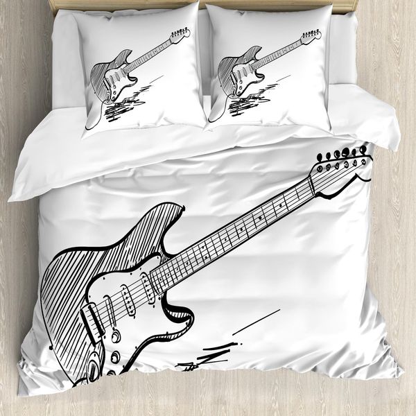 Abakuhaus Copripiumino Chitarra, Disegno Artistico Rock, Antiacaro, Adatto A Chi Soffre Di Allergie, Con Federe, 155 Cm X 220 Cm - 80 X 80 Cm, Bianco E Nero-image