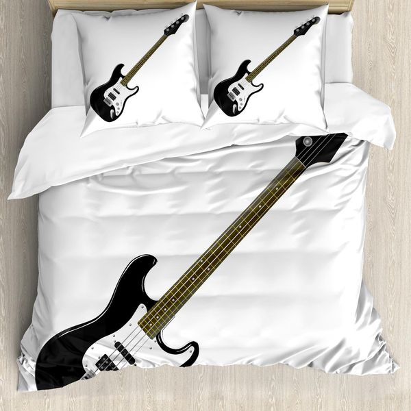Abakuhaus Copripiumino Chitarra, Musica Basso A 4 Corde, Antiacaro, Adatto A Chi Soffre Di Allergie, Con Federe, 155 Cm X 220 Cm - 80 X 80 Cm, Nero Bianco Caramello-image