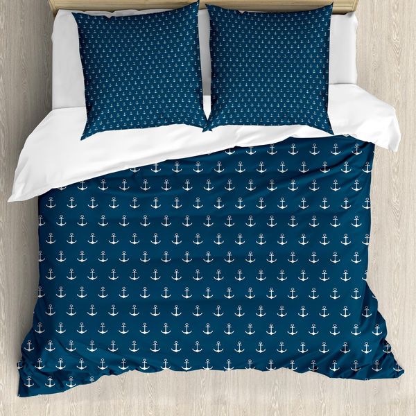 Abakuhaus Copripiumino Anker, Nautical Simple Classic, Antiacaro, Adatto A Chi Soffre Di Allergie, Con Federe, 155 Cm X 220 Cm - 80 X 80 Cm, Blu E Bianco-image
