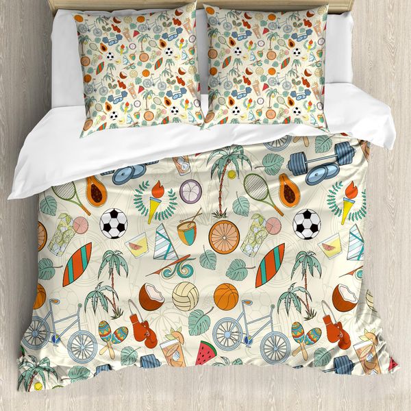 Abakuhaus Copripiumino Sportivo, Elementi In Stile Cartone Animato, Antiacaro, Adatto A Chi Soffre Di Allergie, Con Federe, 200 Cm X 200 Cm - 80 X 80 Cm, Multicolore-image