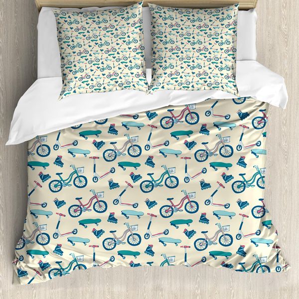 Abakuhaus Set Copripiumino Sportivo Per Letti Matrimoniali, Design Mobile, Antiacaro, Adatto A Chi Soffre Di Allergie, Con Federe, Beige, Rosso Corallo, Blu-image