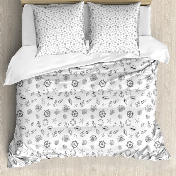Abakuhaus Sea Shells Copripiumino, Motivo Nautico, Antiacaro, Adatto A Chi Soffre Di Allergie, Con Federe, 155 Cm X 220 Cm - 80 X 80 Cm, Bianco E Grigio Scuro-image