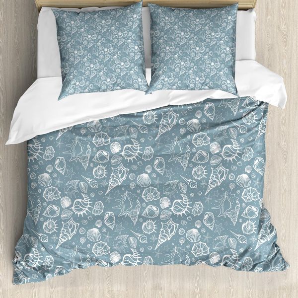 Abakuhaus Sea Shells Copripiumino, Motivo Scarabocchiato, Antiacaro, Adatto A Chi Soffre Di Allergie, Con Federe, 155 Cm X 220 Cm - 80 X 80 Cm, Blu, Grigio, Bianco-image