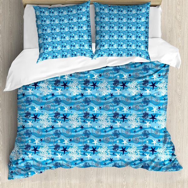 Abakuhaus Sea Shells Copripiumino, Stelle Marine E Capesante, Antiacaro, Adatto A Chi Soffre Di Allergie, Con Federe, 200 Cm X 200 Cm - 80 X 80 Cm, Blu, Blu Scuro, Bianco-image