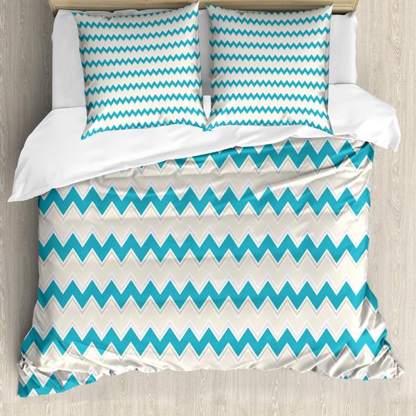 Abakuhaus Copripiumino Verde Acqua, Motivo A Zig Zag Classico, Antiacaro E Anallergico, Con Federe, 155 Cm X 220 Cm - 80 X 80 Cm, Color Crema Verde Acqua-image