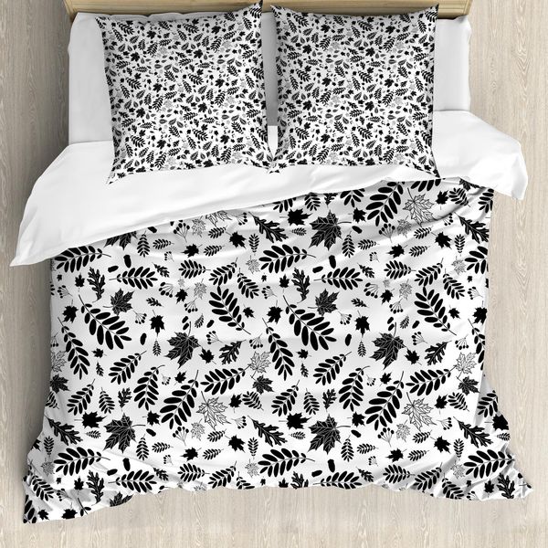Abakuhaus Copripiumino BläTter, Stagione Autunnale Nei Boschi, Antiacaro, Adatto A Chi Soffre Di Allergie, Con Federe, 200 Cm X 200 Cm - 80 X 80 Cm, Bianco E Nero-image