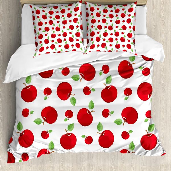 Abakuhaus Copripiumino Mela, Vivid Cartoon-Rosso-Frutta, Antiacaro Adatto A Chi Soffre Di Allergie Con Federe, 200 Cm X 200 Cm - 80 X 80 Cm, Rosso, Verde, Bianco-image