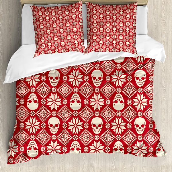 Abakuhaus Copripiumino Nordico, Motivo Teschi Ricamato, Antiacaro, Adatto A Chi Soffre Di Allergie, Con Federe, 155 Cm X 220 Cm - 80 X 80 Cm, Rosso Beige-image