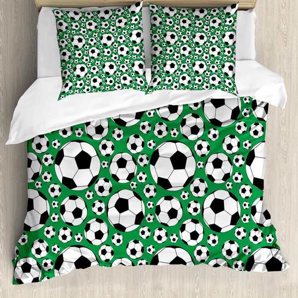 Copripiumino Abakuhaus Calcio, Motivo Sportivo Popolare, Antiacaro, Adatto A Chi Soffre Di Allergie, Con Federe, 155 Cm X 220 Cm - 80 X 80 Cm, Verde, Nero, Bianco-image