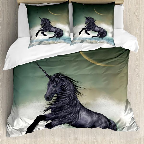 Abakuhaus Copripiumino Fantasia, Unicorno Nero In Ocean, Antiacaro, Adatto A Chi Soffre Di Allergie, Con Federe, 155 Cm X 220 Cm - 80 X 80 Cm, Multicolore-image