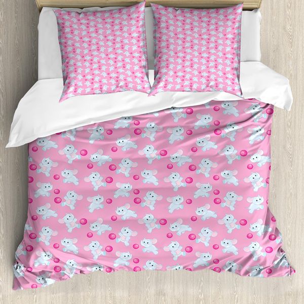 Abakuhaus Copripiumino Elefante, Girly Animali Felici, Antiacaro Adatto A Chi Soffre Di Allergie Con Federe, 200 Cm X 200 Cm - 80 X 80 Cm, Rosa Baby Blue-image