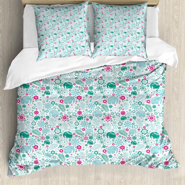 Abakuhaus Copripiumino Elefante, Arte Tropicale, Antiacaro, Adatto A Chi Soffre Di Allergie, Con Federe, 155 Cm X 220 Cm - 80 X 80 Cm, Verde Mare Azzurro-image