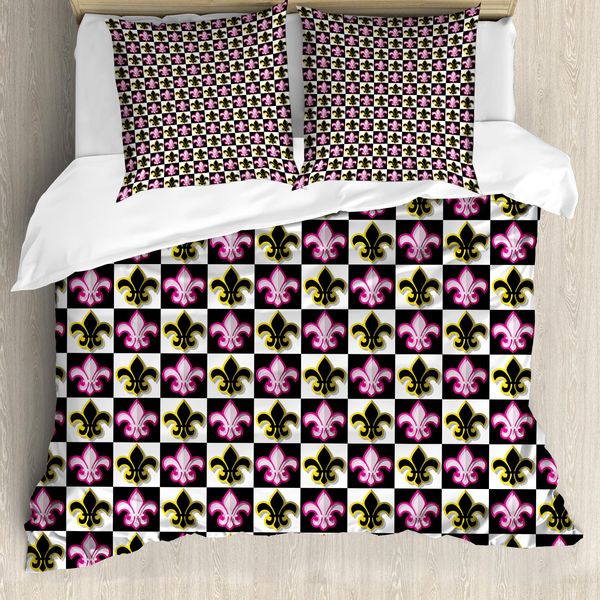Abakuhaus Copripiumino Fleur De Lis, Checkered Pop-Art, Antiacaro, Adatto A Chi Soffre Di Allergie, Con Federe, 155 Cm X 220 Cm - 80 X 80 Cm, Multicolore-image