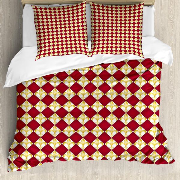 Abakuhaus Fleur De Lis Copripiumino, Araldica Geometrica, Antiacaro, Adatto A Chi Soffre Di Allergie, Con Federe, 155 Cm X 220 Cm - 80 X 80 Cm, Rubino Giallo Bianco-image