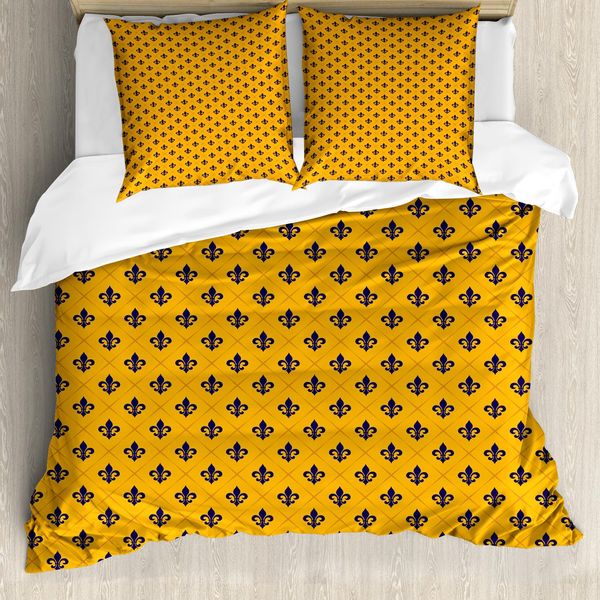 Abakuhaus Copripiumino Fleur De Lis, Retro Checkered, Antiacaro, Adatto A Chi Soffre Di Allergie, Con Federe, 155 Cm X 220 Cm - 80 X 80 Cm, Marigold Lilla-image