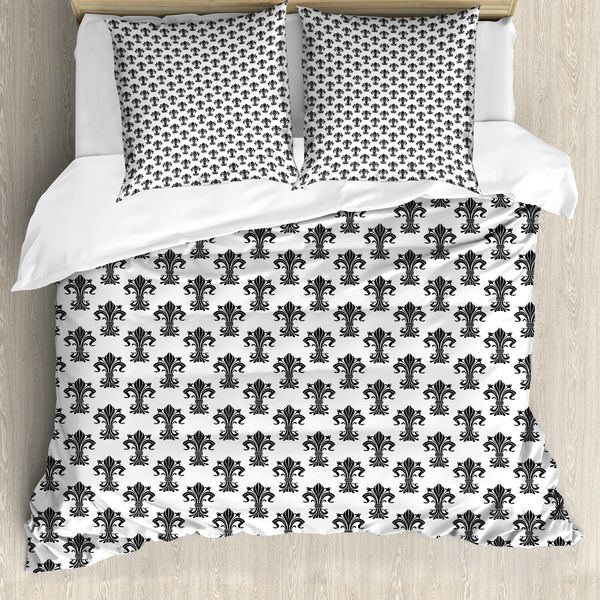 Abakuhaus Copripiumino Fleur De Lis, Araldica Europea, Antiacaro, Adatto A Chi Soffre Di Allergie, Con Federe, 200 Cm X 200 Cm - 80 X 80 Cm, Bianco E Nero-image