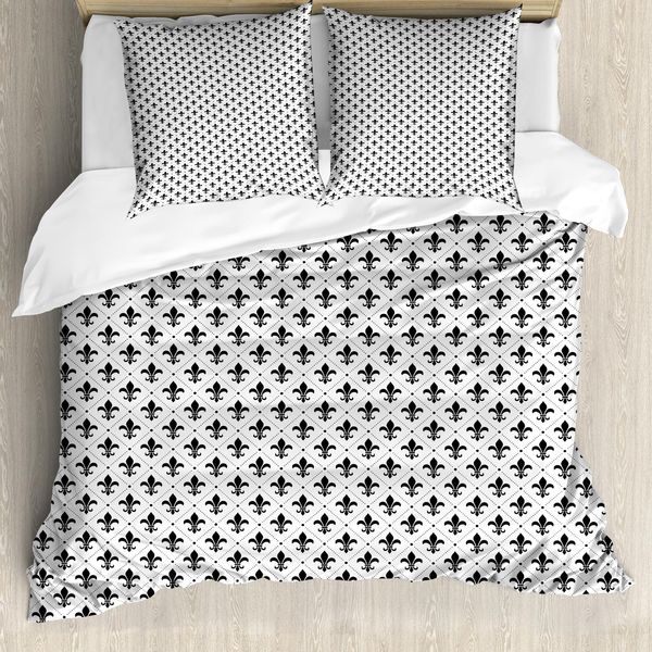 Abakuhaus Copripiumino Fleur De Lis, Motivi Francesi, Antiacaro, Adatto A Chi Soffre Di Allergie, Con Federe, 155 Cm X 220 Cm - 80 X 80 Cm, Bianco E Nero-image