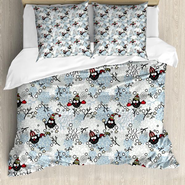 Abakuhaus Copripiumino Con Gufi, Neve Invernale, Doodle Natalizio, Antiacaro, Adatto A Chi Soffre Di Allergie, Con Federe, 200 Cm X 200 Cm - 80 X 80 Cm, Multicolore-image