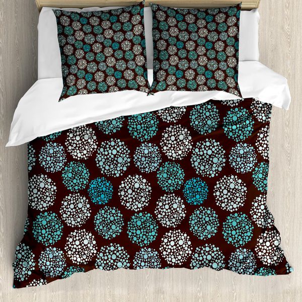 Abakuhaus Copripiumino Marrone E Blu, Pois E Cerchi, Antiacaro, Adatto A Chi Soffre Di Allergie, Con Federe, 155 Cm X 220 Cm - 80 X 80 Cm, Marrone Turchese Bianco-image