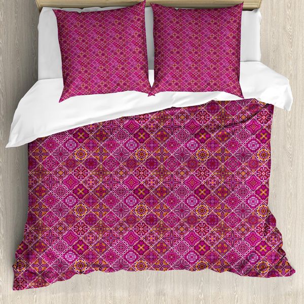 Abakuhaus Copripiumino Marocchino, Rosa A Quadri, Antiacaro, Adatto A Chi Soffre Di Allergie, Con Federe, 200 Cm X 200 Cm - 80 X 80 Cm, Magenta Lilla Marigold-image