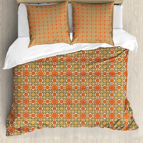 Abakuhaus Copripiumino Marocchino, Piastrelle Orientali Vintage, Antiacaro, Adatto A Chi Soffre Di Allergie, Con Federe, 155 Cm X 220 Cm - 80 X 80 Cm, Arancione Marrone Smeraldo-image