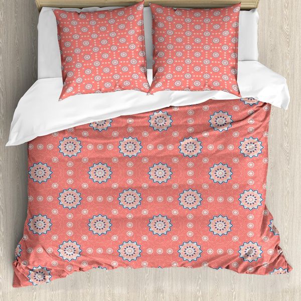 Abakuhaus Set Copripiumino Marocchino Per Letti Matrimoniali, Decorato Con Fiori Asiatici, Antiacaro, Adatto A Chi Soffre Di Allergie, Con Federe, Color Pesca, Corallo Rosso, Blu-image