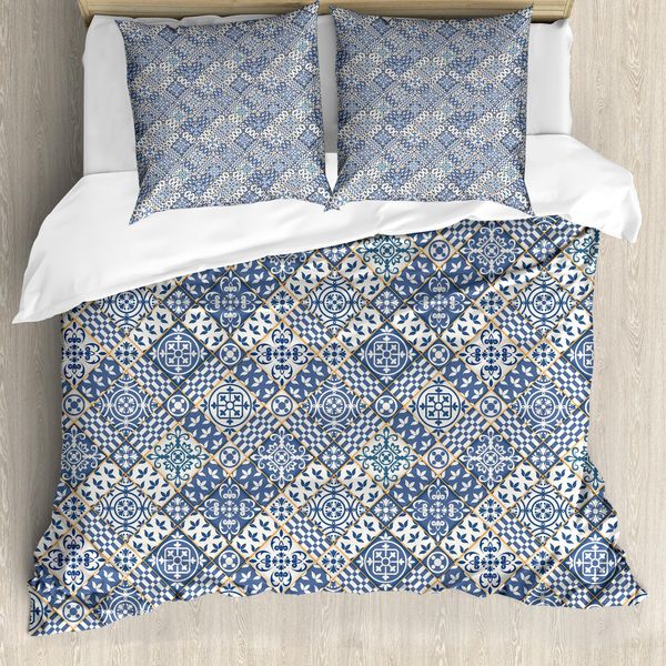 Abakuhaus Copripiumino Marocchino, Oriental Rectangles, Antiacaro E Anallergico Con Federe, 200 Cm X 200 Cm - 80 X 80 Cm, Blu Arancione Bianco-image