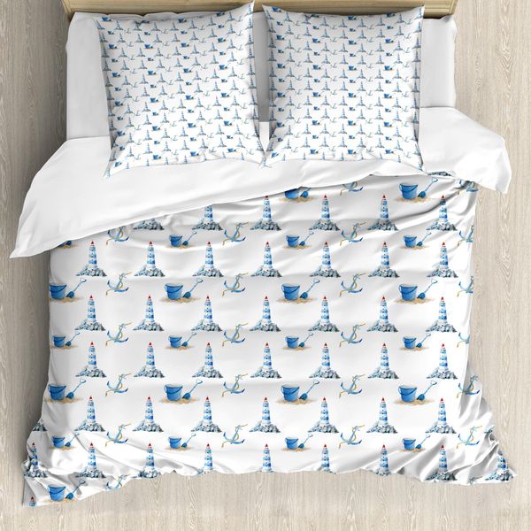 Abakuhaus Copripiumino Leuchtturm, Disegnato A Mano Spiaggia, Antiacaro, Adatto A Chi Soffre Di Allergie, Con Federe, 155 Cm X 220 Cm - 80 X 80 Cm, Blu E Bianco-image