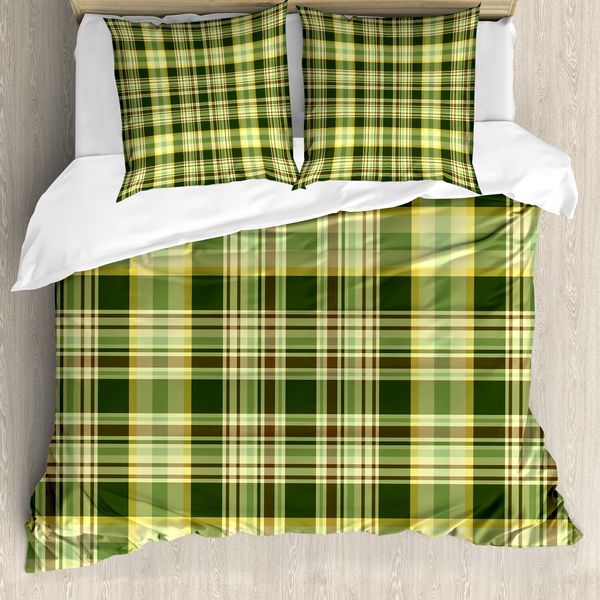 Abakuhaus Copripiumino Verde Oliva, Trapunta Scozzese, Antiacaro, Adatto A Chi Soffre Di Allergie, Con Federe, 155 Cm X 220 Cm - 80 X 80 Cm, Verde Scuro Giallo Marrone-image