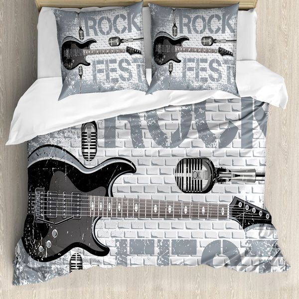 Abakuhaus Copripiumino Rockmusik, Chitarra Su Muro Di Mattoni, Antiacaro, Adatto A Chi Soffre Di Allergie, Con Federe, 155 Cm X 220 Cm - 80 X 80 Cm, Blu, Grigio, Nero-image