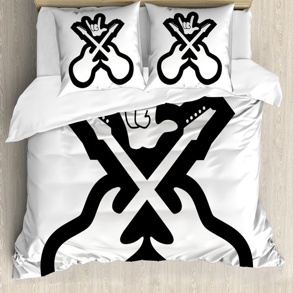 Abakuhaus Copripiumino Rock Music, Chitarre, Antiacaro, Adatto A Chi Soffre Di Allergie, Con Federe, 200 Cm X 200 Cm - 80 X 80 Cm, Bianco E Nero-image