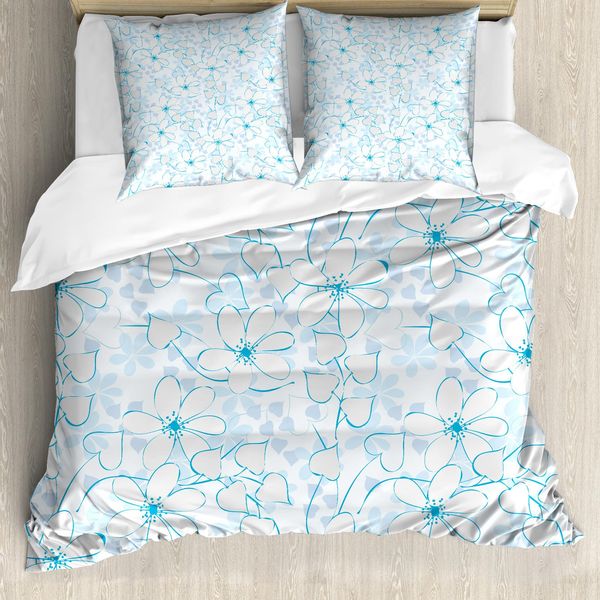 Abakuhaus Copripiumino Blu, Fiori E Cuori Astratti, Antiacaro, Adatto A Chi Soffre Di Allergie, Con Federe, 155 Cm X 220 Cm - 80 X 80 Cm, Azzurro Pallido, Acquamarina, Bianco-image