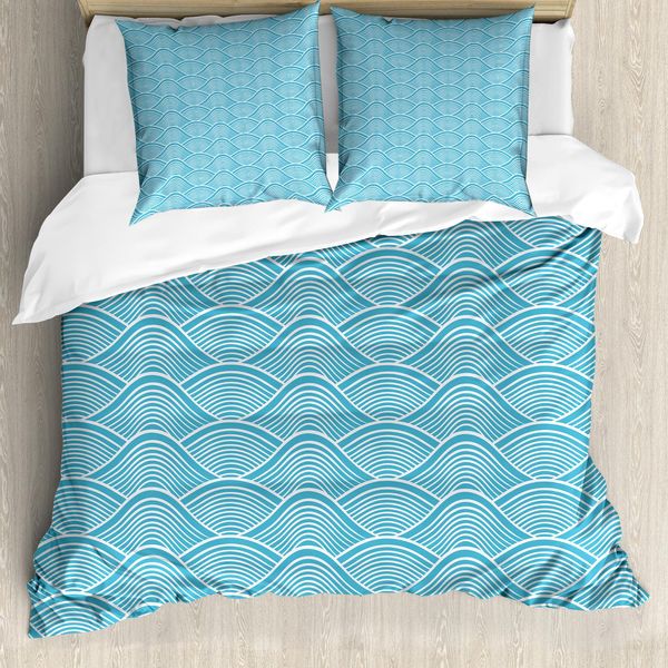 Abakuhaus Copripiumino Blu, Onde Dell'oceano Giapponese, Antiacaro, Adatto A Chi Soffre Di Allergie, Con Federe, 155 Cm X 220 Cm - 80 X 80 Cm, Blu Cielo E Bianco-image