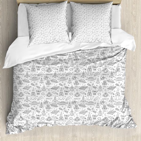 Abakuhaus Copripiumino Extraterrestre, Design Spaziale Monocromatico, Antiacaro, Adatto A Chi Soffre Di Allergie, Con Federe, 155 Cm X 220 Cm - 80 X 80 Cm, Bianco E Nero-image