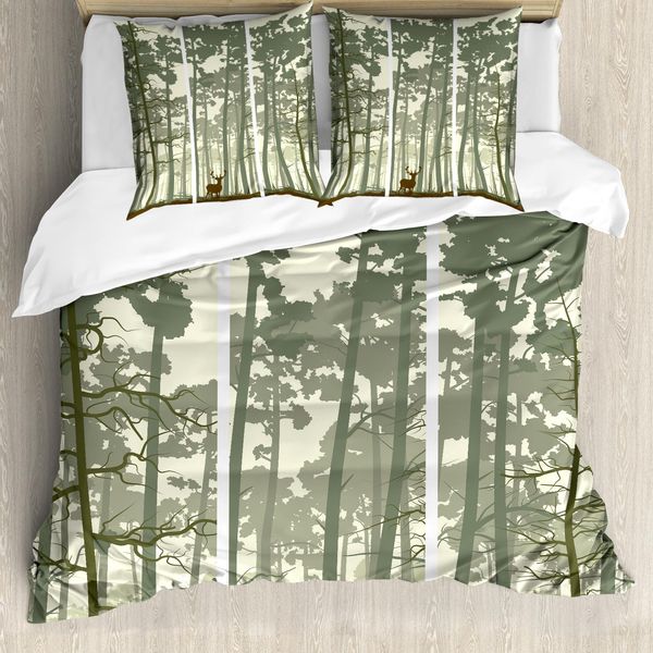 Abakuhaus Copripiumino Wald, Motivo Cervo Pino, Antiacaro, Adatto A Chi Soffre Di Allergie, Con Federe, 200 Cm X 200 Cm - 80 X 80 Cm, Verde Chiaro-Crema Marrone-image