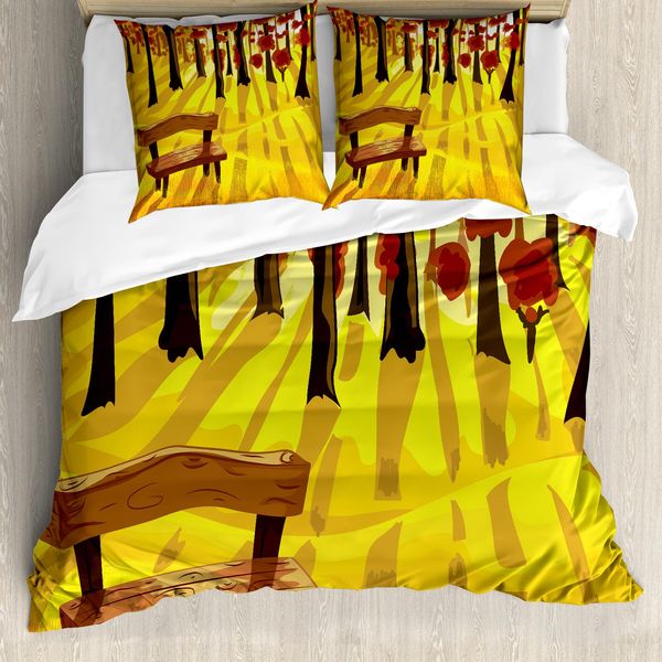 Abakuhaus Copripiumino Wald, Cartoon Baum Und Bank, Antiacaro, Adatto A Chi Soffre Di Allergie, Con Federe, 155 Cm X 220 Cm - 80 X 80 Cm, Giallo Terra Di Siena Bruciata-image