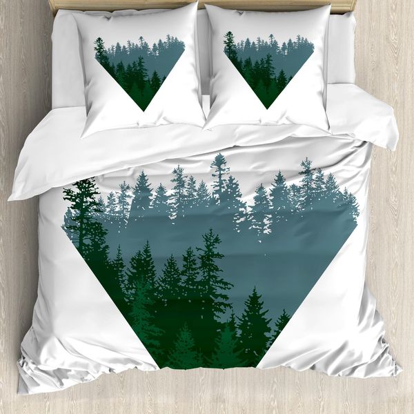 Abakuhaus Set Copripiumino Per Letti Matrimoniali, Disegno Conifere, Antiacaro, Adatto A Chi Soffre Di Allergie, Con Federe, Verde Scuro, Blu Grigio, Bianco-image